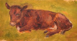 Ernest Albert Waterlow (1850-1919), an oil on card study of a young calf, 3.75