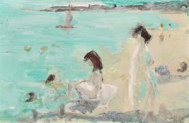 David Cox, Circa 1979, figures on a beach with a boat moored in a bay, oil on panel, signed, 10