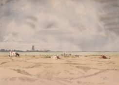 Edward Vulliamy (1876-1962), 'On the Fens', cows resting in meadows with a cathedral beyond,