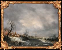19th Century Dutch School, skaters on a frozen waterway, oil on board, 9.5