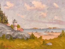 J. T. Arnold, 20th Century Swedish School, view of a lighthouse in a bay with yachts beyond, oil