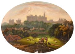 Circle of Thomas Baker of Leamington, a castle at dusk with a soldier conversing with shepherds in