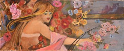 After Gaston Gerald, lady by a flower strewn lake, oil on canvas, bears remnants of a signature,