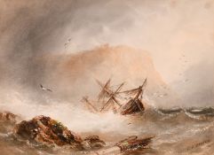 Joseph Newington Carter (1835-1871), a capsized boat approaching a rocky coastline in rough seas,