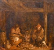 Dutch School, Circa 1800, figures and a dog seated around a fire, oil on panel, 12.75