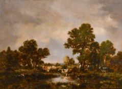 Paul Vernon (1796-1875) French, cows in a Barbizon landscape, oil on mahogany panel, signed, 10