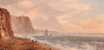 Circle of F. J. Widgery, a coastal scene with figures hauling ropes, oil on board, 8