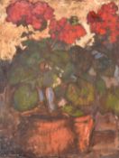 Circle of Frank Brangwyn, a still life study of red flowers in terracotta pots, oil on canvas, 26