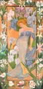 After Alphonse Mucha, a lady amongst irises, oil on canvas, bears signature, unframed, 53