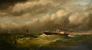 19th Century English School, a paddle steamer approaching port in heavy seas, oil on canvas, 24
