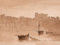 Attributed to John Varley, Chepstow Castle, sepia watercolour over traces of pencil, 3.25