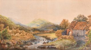 R. H. Roberts, Circa 1898, figure and cattle by a river rear a mill, watercolour, signed, 19