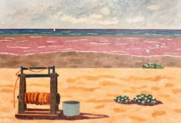 Lesley Giles (20th Century), view of a windlass on a beach, oil on canvas, 25