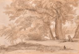 After Claude Lorrain, lady sat beneath the shade of a tree, pencil and white chalk over a print