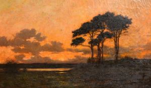 Barbizon School, Mid-19th Century, French, landscape view at dusk, oil on canvas, indistinctly