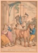 Rowlandson, Early 19th Century, 'How to Vault in the Saddle', hand coloured engraving, 12.5
