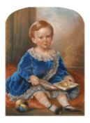 19th Century English School, a pastel portrait of a young child seated on a cushion holding a