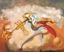 Thomas Diffley (20th Century), a surreal scene with figures and musical instruments, oil on