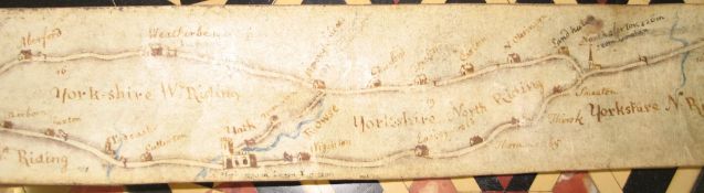 [18th C MS. ROAD MAP] coloured inks on vellum (2 sheets joined), 45 x 2 inches in total (vellum