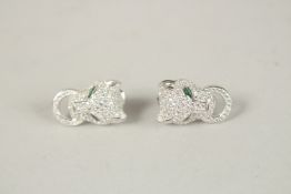 A PAIR OF SILVER PANTHER STUD EARRINGS.