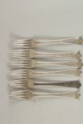 A SET OF SIX GEORGE II TABLE FORKS. London 1751, weight: 14ozs.