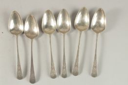 A SET OF SIX GEORGE III ENGRAVED DESSERT SPOONS. London 1800, maker: C. S. over T. H., weight: