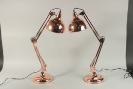 A LARGE PAIR OF COPPER ANGLE POISE LAMPS.