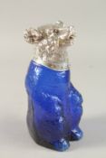 A BLUE GLASS AND SILVER PLATE NOVELTY BEAR CLARET JUG. 23cms high.