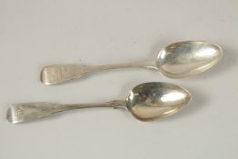TWO GEORGE III FIDDLE PATTERN SERVING SPOONS. London 1816 & 1818.