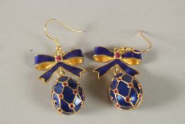 A PAIR OF RUSSIAN SILVER AND BLUE ENAMEL EGG AND RIBBON EARRINGS.