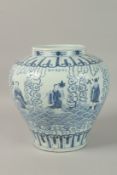 A RARE CHINESE BLUE AND WHITE PORCELAIN 'EIGHT IMMORTAL' JAR. 32cms high.