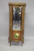 A GOOD LOUIS XVITH STYLE DEMI LUNE VITRINE with glass panel door and glass sides over a painted