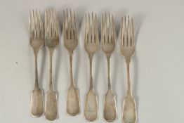 A SET OF SIX SCOTTISH FIDDLE PATTERN TABLE4 FORKS, Glasgow 1875 (1) & 1896 (5). Maker: S. B.,