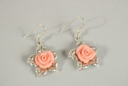 A PAIR OF SILVER CORAL ROSE EARRINGS.