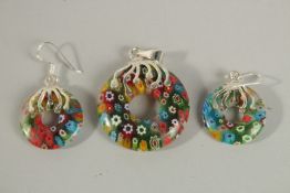 A PAIR OF SILVER AND MILLEFIORI GLASS EARRINGS AND PENDANT.