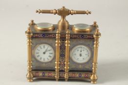 A DOUBLE CLOISONNE ENAMEL MINI CARRIAGE CLOCK with carrying handle. 13cms high.