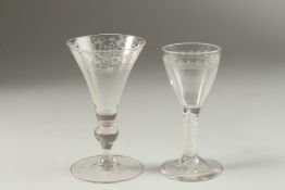 A GEORGIAN WINE GLASS with opaque white twist stem. 13cm high and AN ENGRAVED TRUMPET BOWL GLASS,