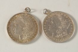 TWO DOLLAR COINS, 1879 & 1896, mounted as two pendants.