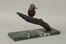 A GOOD BRONZE KOOKABURRA on a marble base. 34cms long.