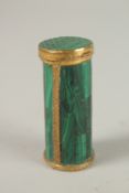 A GOOD SMALL MALACHITE DRUM AND COVER. 6cms long x 2.5cms diameter.