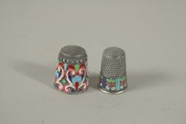 TWO RUSSIAN SILVER AND ENAMEL THIMBLES.