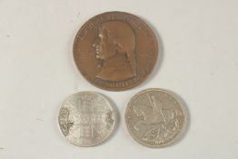 A LARGE BRONZE ADMIRAL NELSON COMMENORATIVE MEDALLION, together with a Victorian Crown 1887 and a GV