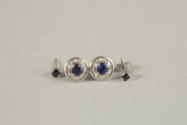 TWO PAIRS OF SAPPHIRE AND DIAMOND EAR STUDS.