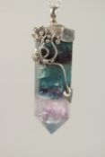 A SILVER TWO COLOUR AMETHYST CRYSTAL PENDANT AND CHAIN.
