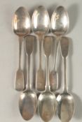 A SET OF SIX VICTORIAN FIDDLE PATTERN DESSERT SPOONS. London 1839, maker: C. B., weight\: 8ozs.