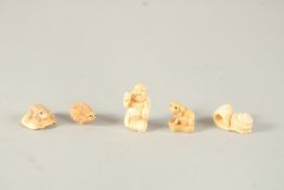 FIVE SMALL CARVED BONE NETSUKES.