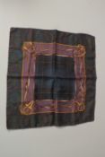 A POLO by RALPH LAUREN, BLUE, PURPLE AND GOLD SILK SCARF. 40cms x 40cms.