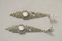 A PAIR OF SILVER, MARCASITE AND OPAL DROP EARRINGS.