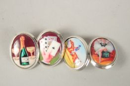 A PAIR OF SILVER AND ENAMEL FOUR VICES CUFFLINKS.
