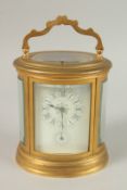 A VERY GOOD 19TH CENTURY OVAL CARRIAGE CLOCK. WILLIAM BOND & Son, Boston, with alarm and repeat